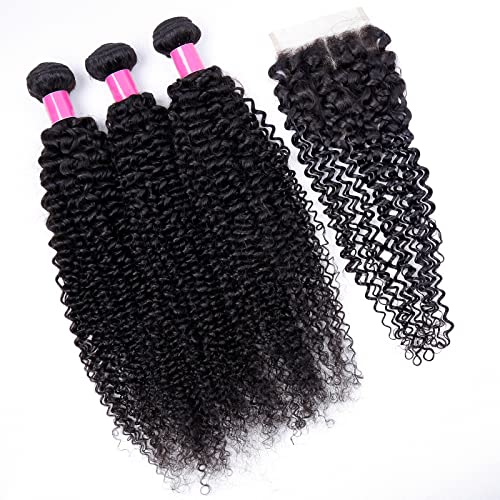 Kinky Curly Bundles and Closure Brazilian Human Hair Bundles with Closure Unprocessed Virgin 3 Bundles with 4x4 Lace Closure(14 16 18+12) Natural Color