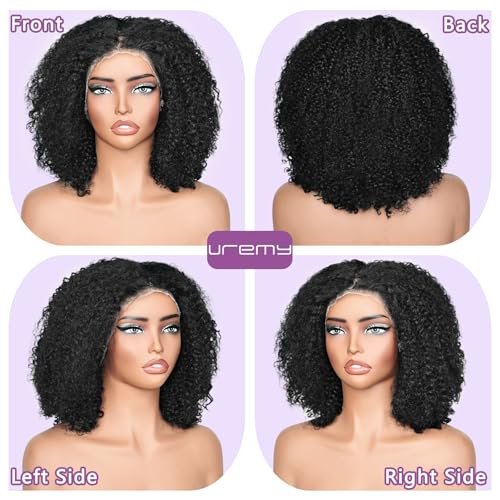 Afro Kinkycurly Wig Human Hair, 13x4 Lace Front Glueless Bob Wigs, 180 Density Pre Plucked Transparent Lace Frontal, Brazilian Kinky Straight Wig for Black Women, Natural Black 14 Inch
