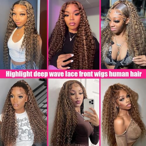 22 Inch Highlight Ombre Deep Wave Honey Blonde Lace Front Wigs Human Hair Pre Plucked 13X6 Transparent HD Lace Front Wigs Human Hair for Women 180% Density Curly Wig Blonde Wig