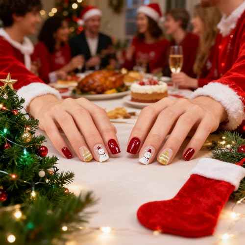Christmas Snowman Press On Nails with Pre-design Golden Glitter Tree Short Squoval False Nail Art Tips Salon DIY Reusable Acrylic Manicure Gifts Stick On Fake Nails for Women Girls