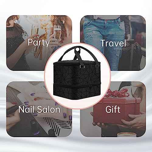 Nail Polish Organizer Case - Holds 42+ Bottles (15ml/0.5 fl.oz) and 1 Nail Lamp, Upgraded Double-layer Nail Polish Carrying Case Nail Polish Storage Bag with Handles (Black)