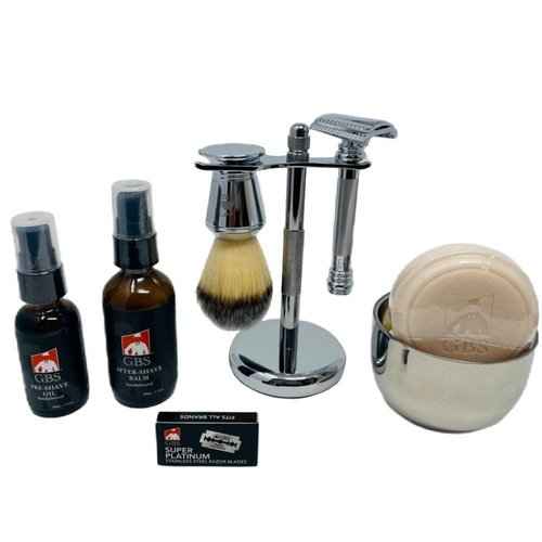 G.B.S Men's Shave Kit, Double Edge Razor and Brush Stand Shaving Bowl, Soap and DE Razor Blades Stubble Remover Effortless Glide