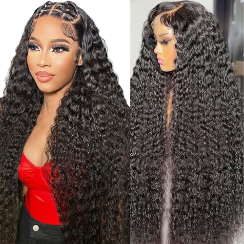 24 Inch Deep Wave Lace Front Wigs Human Hair 13x6 HD Lace Front Wigs for Women Natural Color Deep Curly Human Hair Wig 180% Density Transparent Lace Frontal Wig Pre Plucked