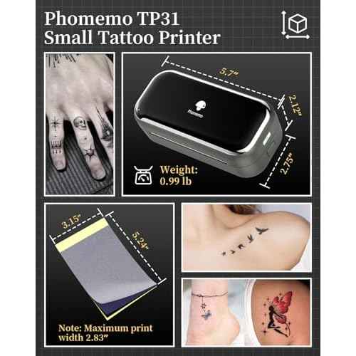 Phomemo TP31 Wireless Tattoo Stencil Printer with 30pcs Transfer Paper, Compatible with Phone & Tablet, Bluetooth Mini Thermal Tattoo Printer Machine for Artists & Beginners, for Halloween