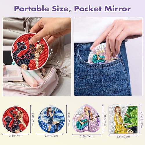 4 Pcs DIY Diamond Painting Compact Mirrors, Portable Folding Purse Mirror Kits for Women Girls, Pocket Makeup Mirrors for Mother¡¯s Day, Birthday, Party Favors, Classroom Crafts