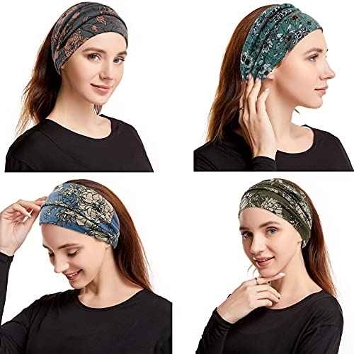 Wide Boho Headbands for Women Fashion Knotted Headband Yoga Workout Hair Accessories African Head Wrap 4 Pack