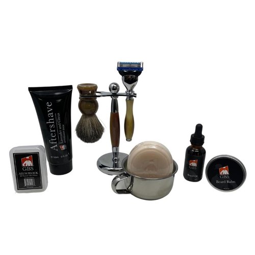 G.B.S Men’s Complete Shaving Set, Brush Razor Holder, Beard Oil Beard Balm, Shaving Soap, Aftershave Pure Badger Shave Brush and Manual Razor with Horn Handle