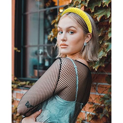 Wecoe Yellow Headband Fashion Rhinestone Padded Headband Women Cute Fancy Bling Diamond Sparkle Crystal Beaded Hairband Homecoming Prom Holiday Hair Accessories For Women Girls Birthday Gifts