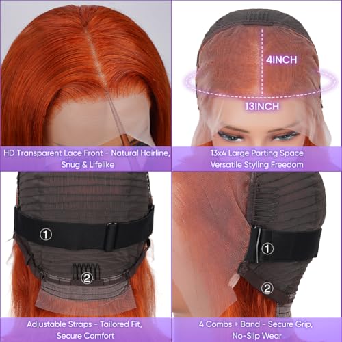 #350 Ginger Bob Lace Front Wig Human Hair 13x4 HD Transparent Lace Frontal Wigs Pre Plucked Short Straight Bob Wig for Black Women with Baby Hair 180% Density Brazilian Orange Ginger Wig 8 Inch