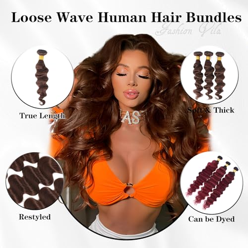 Bundles Human Hair Chocolate Brown Loose Wave Human Hair Bundles 14 16 18 Inch 12A 100% Unprocessed Brazilian Virgin Hair Loose Deep Wave 3 Bundles Remy Human Hair Extension 4# Color