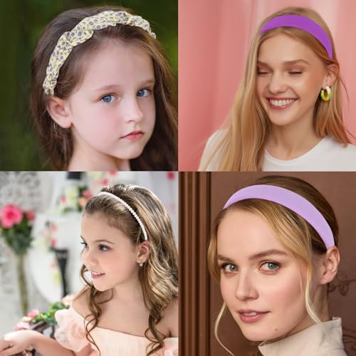 YISSION 7PCS Cute Headbands Set for Girls Women, Non Slip Pearl Headband Floral Head Bands Padded Hairbands, Purple White Headband, Hair Accessories for Girls Women