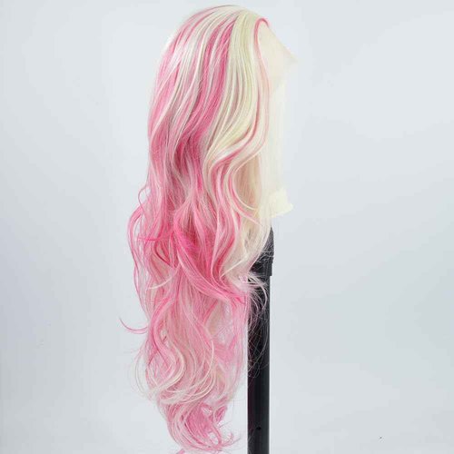 ZHYWIGS Long Wavy Hot Pink White Lace Front Wig Pink Skunk Stripe Platinum Blonde New Synthetic Hair For Women