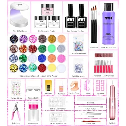 Acrylic Nail Kit with Drill and UV Light, Nail Kit for Beginner with Everything, 24 Glitter Acrylic Powder Monomer Liquid Set with Drill for for Home Nail Salon