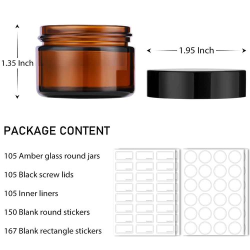 Bumobum 1 oz Amber Glass Jars with Lids, 105 pack Clear Small Jars with Black Lids, White Labels and Inner Liners, Empty Round Cosmetic Containers for Cream, Lotion (Amber 105 Pack)