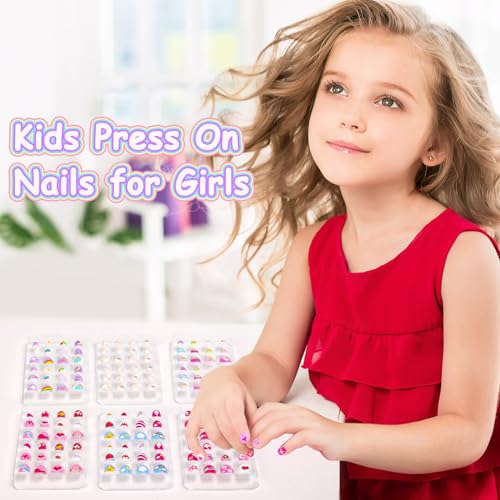 Audab 144 Pieces Mini Nails Set for Kids Press on Girls Nails Kit Fake Nail Tips Short False Nail Full Cover Stick on Nails for Kids 8-12 Sleepovers Stuff Spa Parties Supplies Valentine Day Gifts