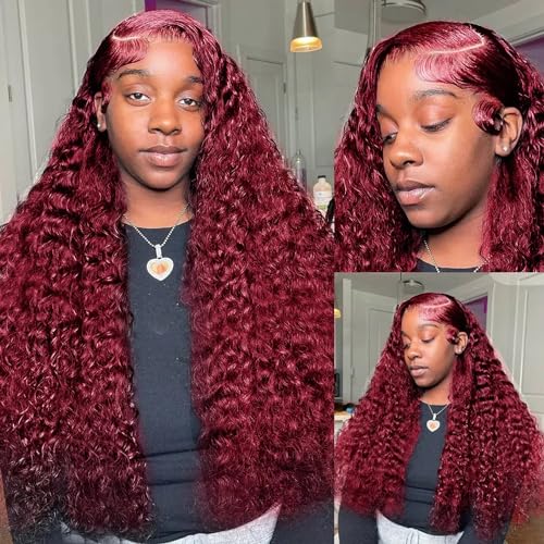 99j Burgundy 13x5 Deep Wave HD Lace Front Wigs Human Hair Pre Plucked Colored Curly Human Hair Wig Glueless Deep Curly Lace Frontal Wigs Red Human Hair Wigs for Women 180% Density £¨20Inch£©