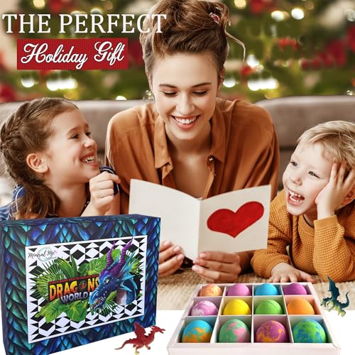 Bath Bombs for Kids with Surprise Inside - 12 Organic Bubble Bath Fizzies with Dragon Egg Toys. Gentle & Kids Friendly w/Rich Bubbles & Rainbow Colors, Stocking Stuffer Christmas Gifts for Boy, Girls