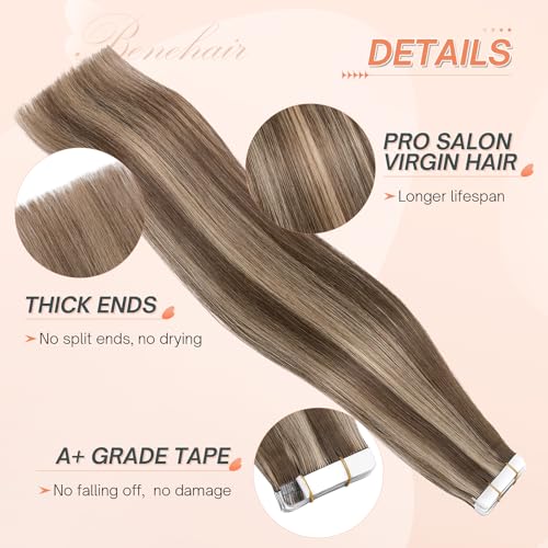 Benehair Tape in Human Hair Extensions, 20 inch Straight Invisible Tape Extensions Remy Blonde Hair Extensions 10pcs 20g Medium Brown Mix Dark Blonde 4p27