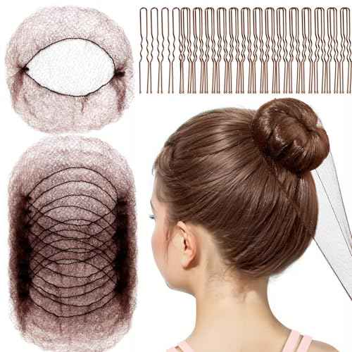 FANDAMEI Hair Net for Kids, Invisible Hair Nets 20PCS with U Shaped Bobby Pins 40PCS,30cm Hair Nets for Buns, Bun Hair Nets for Ballet Girls Hair Accessories Set for Hair Styling,Women,Girls-Brown