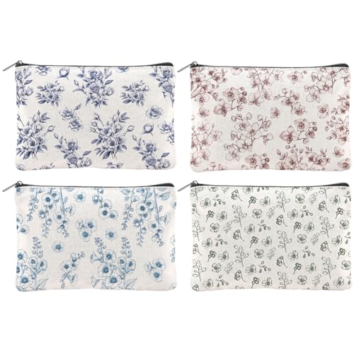 4Pcs Flower Makeup Bags 5.91x9.06 inch Orchid Roses Daisy Canvas Cosmetic Bags with Zipper Canvas Travel Toiletry Pouches for Women Party Shopping Home Travel Accessories