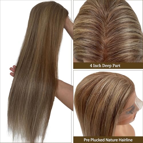 Belaved 6T6P18 13x4 Ombre Lace Front Wigs Human Hair for Women Ash Brown to Blonde Highlights HD Straight Lace Frontal Wig Human Hair 16 Inch 150% Density Pre Plucked Bleached Knots Glueless