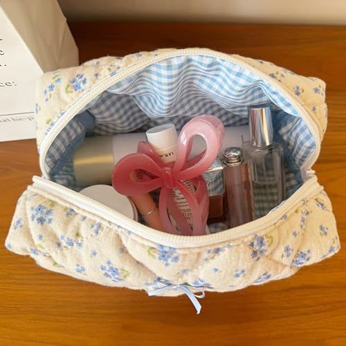 Cotton Quilted Makeup Bag Coquette Accessories Make up Bag Organizer Cute Floral Cosmetic Pouch Travel Makeup Bag for Women (Blue floral)