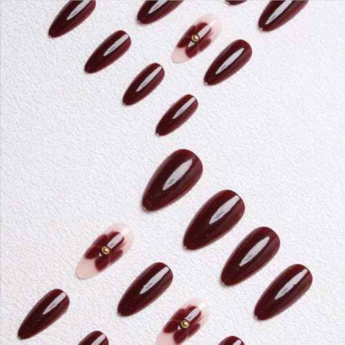 24Pcs Flower Press on Nails Almond Red Fake Nails with Cute Floral Design Spring Wine Red Glue on Nails Medium Length Full Cover Stick on Nails for Women Acrylic False Manicure