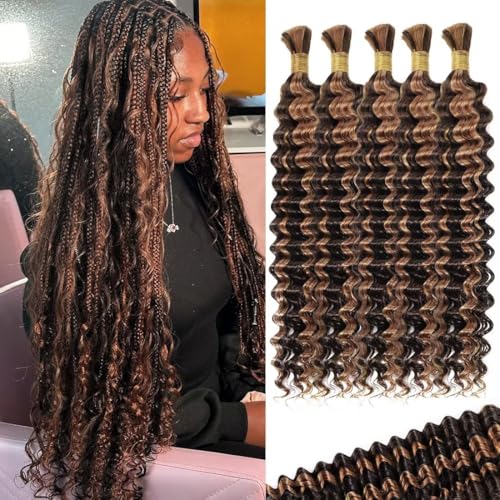 160g 5 Bundles P4/30 Deep Wave Human Braiding Hair 20 Inch Bulk Human Hair for Braiding No Weft Human Braiding Hair for Boho Braids Wet and Wavy 100% Brazilian Virgin Curly Hair