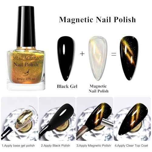 MEET ACROSS Magnetic Cat Eye Nail Polish Glitter Yellow Chameleon Nail Polish with 1 Magnet, Quick Dry