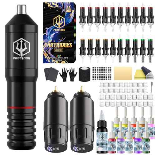 POSEIDON Cordless Rotary Tattoo Machine Kit with 20 Tattoo Cartridge Needles, Ink Set & 2 Rechargeable Batteries | Professional Portable Tattoo Gun for Beginners | Complete Starter Supplies