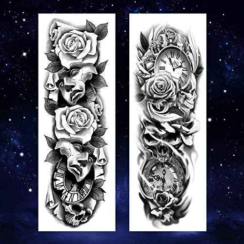 4 Sheets Black Full Arm Flower Clock Mask Rose Gun Cross Body Art Temporary Tattoo Stickers
