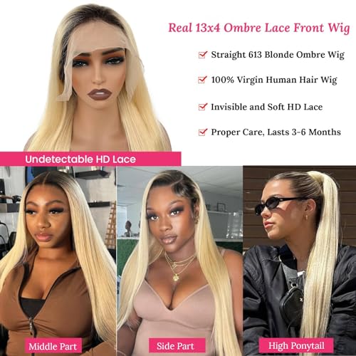 Blonde Ombre Lace Front Wig Human Hair 1B613 13x4 Straight Ombre Human Hair Wigs for Black Women 150% Density Glueless Ombre Blonde Lace Front Wigs with Dark Roots 20 Inch Pre Plucked Hairline
