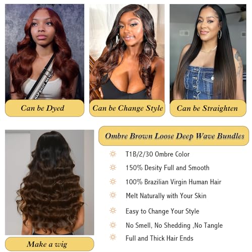 1B/2/30 Ombre Bundles With 4x4 Closure Loose Deep Wave Human Hair 12 14 16+12 Inch,10A Brazilian Hair Ombre Chestnut Brown Curly Wave Sew In Bundles and 4x4 Lace Closure