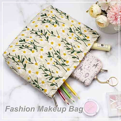 Makeup Bags for Purse Zipper Cosmetic Pouch Large Travel Canvas Make Up Organizer Tool Pouch for Women and Girls,Daisy White