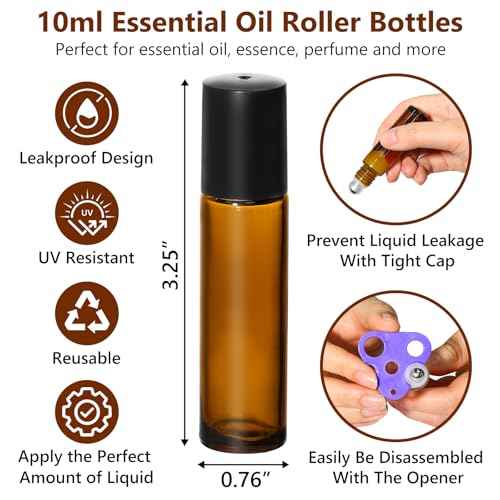 KEYWING 54 Pack Empty Essential Oil Roller Bottles ? 10ml Amber Glass Roll-On Bottles with Stainless Steel Roller Balls & Caps, Refillable Perfume Containers for DIY & Travel