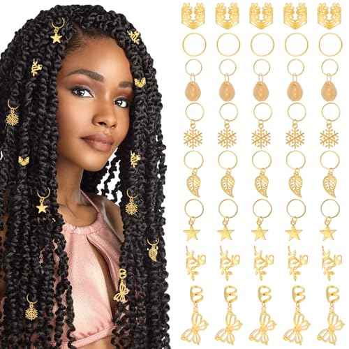 40Pcs Gold Hair Jewelry for Women Adjustable Hair Cuffs for Braids Loc Jewelry Metal Hair Rings Clips Braid Hair Dreadlock Braid Accessories for Women Men Music Festival Party