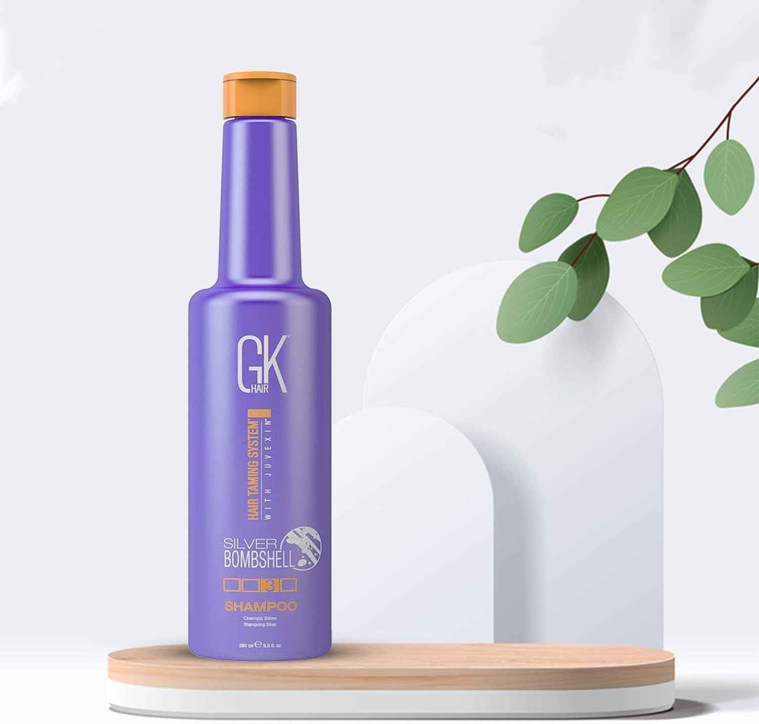 GK HAIR Global Keratin Silver Bombshell Purple Shampoo (24 Fl Oz/710ml) For Blonde, Platinum, Ash, Silver & Gray Hair Moisturizes Dry & Damaged Removes Yellow Brassy Tones