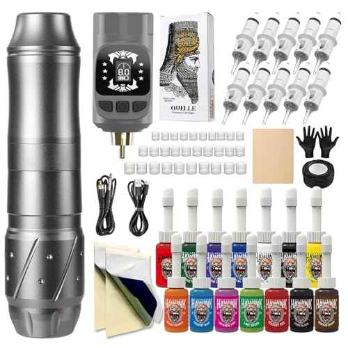 Tattoo Kit Tattoo Gun Wireless Rotary Tattoo Machine with Tattoo Power Supply 1600mAh LCD digital Lithium Tattoo Battery Complete 10Pcs Cartridge 14 inks EM155TI201-7