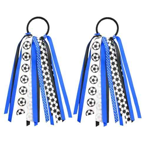 2pcs Soccer Ponytail Holders Hair Ribbons Streamer Blue Black Soccer Elastic Hair Ties Band Hair Scrunchies Game Day Party Accessories Back School Gift for Women Cheerleader Fans