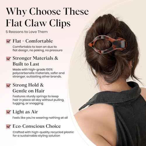 4 PCS Large Flat Hair Clips for Women Girls, French Concord Lay Down Claw Clips for Thick Thin Hair, Comfortable Curved Flat Clip, Leopard Print Stylish Strong Hold Hair Accessories, Tortoise