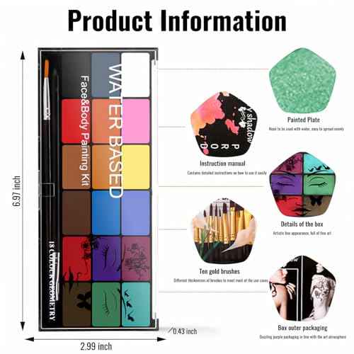 Face Painting Kit Non-toxic Body Paint Washable 18 Colors Facepaint Makeup Kit for Adults with 10 Face Paint Brushes for Halloween Party Cosplay Makeup (Color 001)