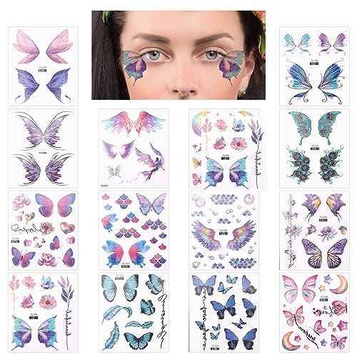 14 Sheets Glitter Butterfly Tattoos Temporary Stickers Waterproof Butterfly Face Tattoo Glitter Fairy Wings Makeup Fake Tattoos For Girls Fairy Princess Party Birthday Party Favor Gifts