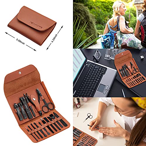 FAMILIFE Gifts for Men, Manicure Set Clippers Manicure Kit Nail Clipper Sets 16pcs Mens Grooming Kits Professional Stainless Steel Nail Kit Brown Leather Case Travel Kits