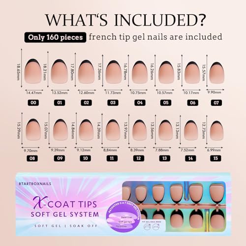 BTArtboxnails XCOATTIPS French Gel Nails - Black French Tip Press on Nails, Soft Gel Extra Short Almond Nail Tips, Press on Nails Acrylic Nail, Soak Off Fake Nails Extension
