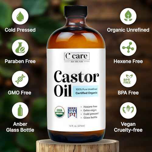 C CARE Castor Oil 100% Pure Organic Cold Pressed Unrefined Glass Bottle | USDA Certified Organic | Hexane Free Extra Virgin | For Hair Growth Eyebrows Eyelashes Skin and Castor Oil Pack Wrap | 16oz