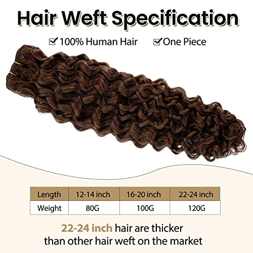 Curly Sew in Hair Extensions Real Human Hair, 22 Inch 120 Gram Chocolate Brown Deep Wave Weft Bundles Straight Silky Remy Hair Hand Tied Weft Extensions Brazilian Virgin Raw Hair Bundles for Women