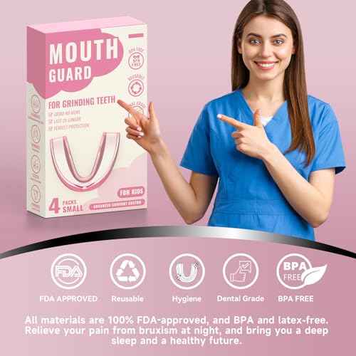 4 Pack Pink Kids Mouth Guard for Teeth Grinding,Comfortable Night Guard,Moldable Child Bite Guard for Clenching Teeth, Mouthguard for Kids