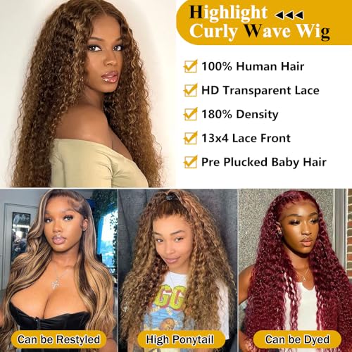 Honey Blonde Curly Wig Human Hair 13x4 HD Highlight Ombre 4/27 Deep Wave Lace Front Wigs Human Hair Pre Plucked 180% Density Glueless Colored Wigs for Women Wet and Wavy Lace Front Wigs 26 Inch