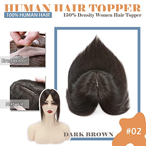 Hairro Human Hair Toppers With Bangs Clip In Remy Topper Hairpiece For Women Silk Base Clip On Toupee With Wispy Air Bang For Thinning Hair Loss 10 Inch 33g #2 Dark Brown