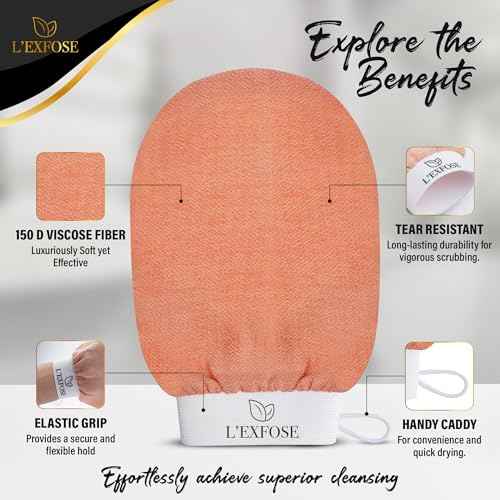L'Exfose Kessa Hammam Deep Exfoliating Glove 2pc - Korean Exfoliating Mitt for Shower Ideal for Dead Skin Remover, Keratosis Pilaris & Self-Tanning to Improve Skin Tone Made with 100% Natural Viscose
